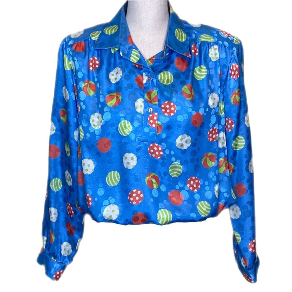 Da-Rue Women's Long Sleeve Blue Blouson with Colorful Whimsical Pattern Size 12P